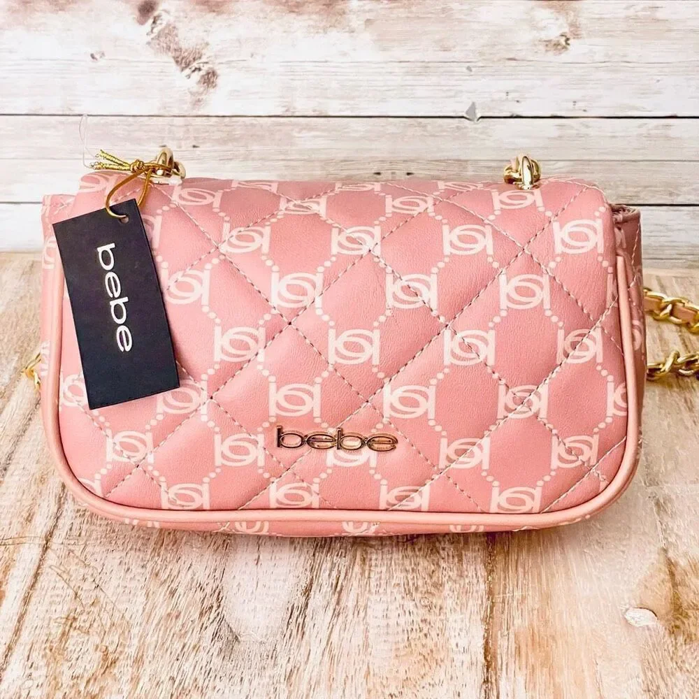 NWT BEBE Gorgeous Pink logo Liv Signature quilted gold chain Crossbody bag